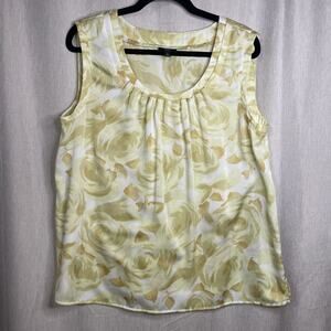 Talbots Tank Top Womens Size L Yellow Rose Floral Sleeveless Pleated Scoop Neck